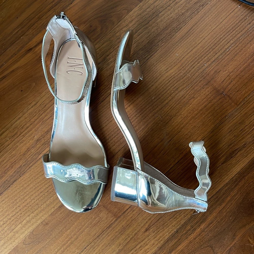 INC Silver Hadwin Stretch Gore Scalloped Ankle Strap Sandal - Picture 2 of 5